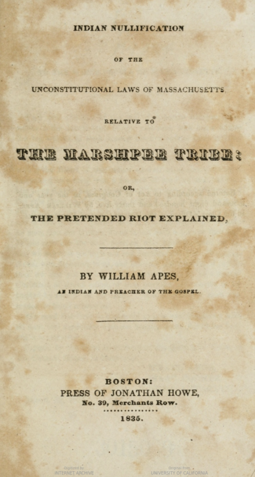 An aged book cover with a title about the Mashpee Tribe by William Apes.