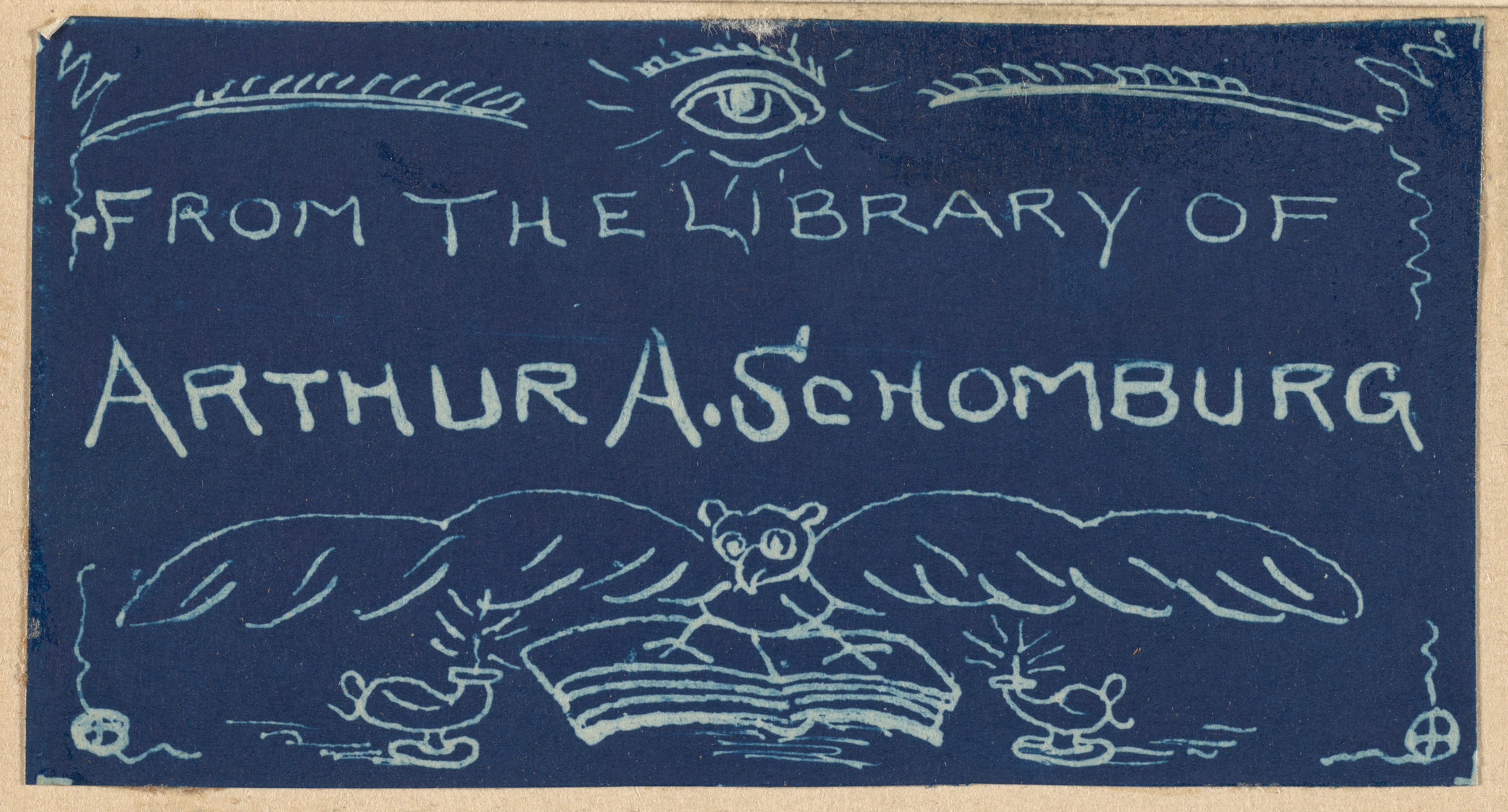 Bookplate design with a blue background, featuring an eye at the top, the text 