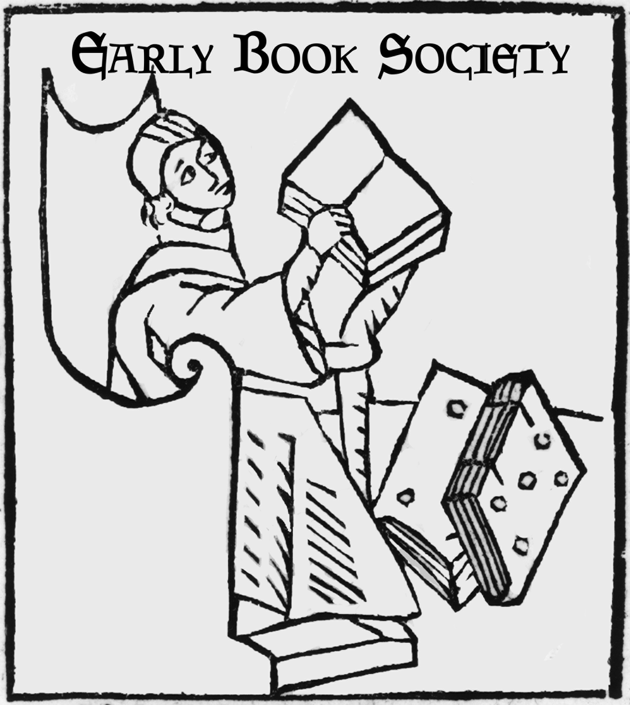 Logo of the Early Book Society: Black and white drawing of a medieval figure holding a large book, with 