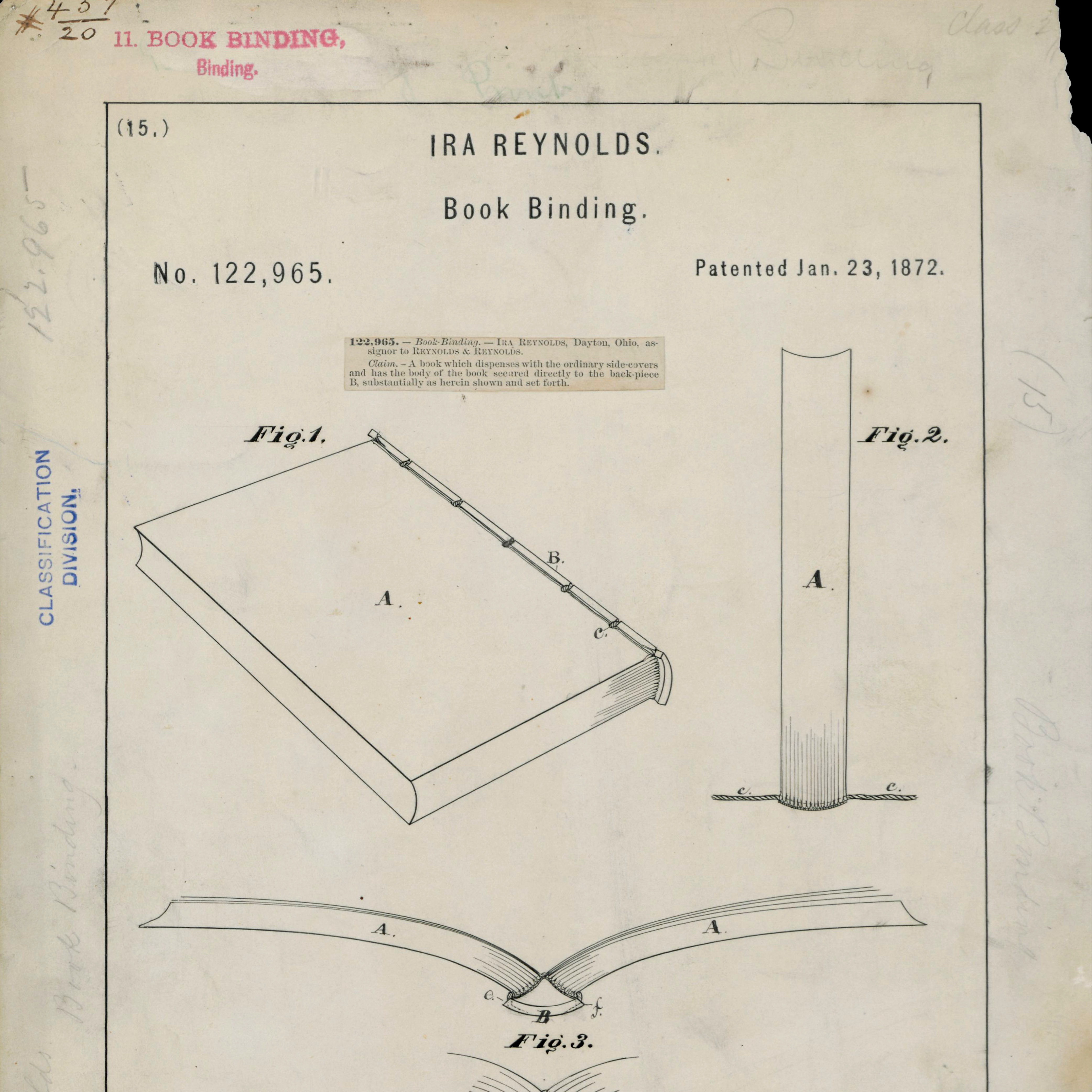 Patent, Ira Reynolds Book Binding (1872). US National Archives.