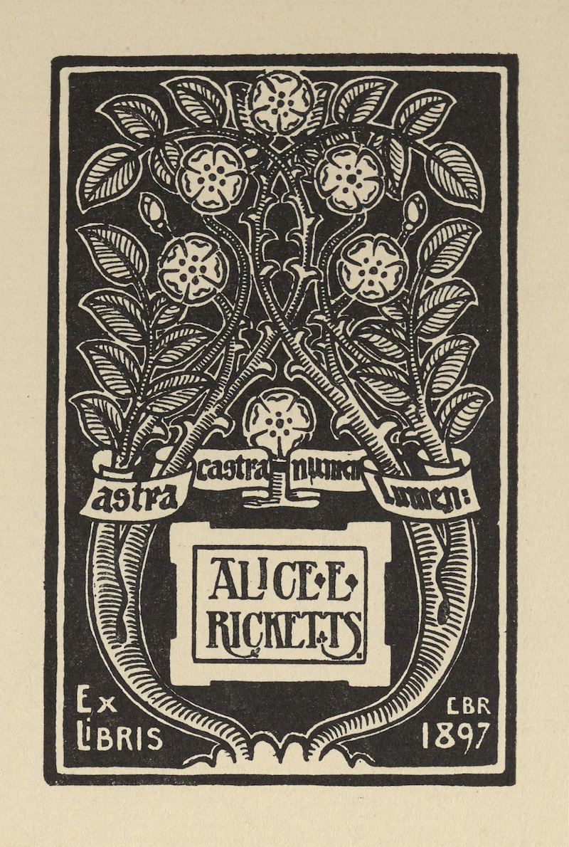 The image is an ornate black and white ex libris, or bookplate, featuring a symmetrical design of stylized floral and botanical elements. At the center, there is a prominent oval shape formed by two intertwining vines with serrated leaves. Within the oval, there are five round, five-petaled flowers. The vines spread outwards to frame the design, incorporating smaller buds and leaves throughout. A ribbon banner crosses horizontally in front of the vines, displaying text in a bold font. Below the oval, there is a rectangular section with bold typography. The entire design is enclosed in a thick black border.