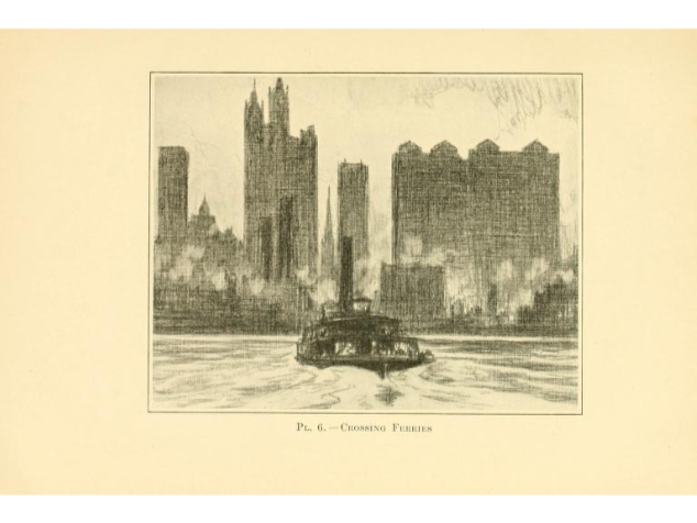 A sepia-toned historical illustration shows a broad river in the foreground with a small ferry or boat near the center, viewed from the water toward a dense city skyline. Tall rectangular buildings and pointed church- or tower-like structures rise along the far shoreline, partially obscured by haze or smoke. Ripples and reflections spread across the water, and the image is enclosed within a thin rectangular border on a pale cream page.