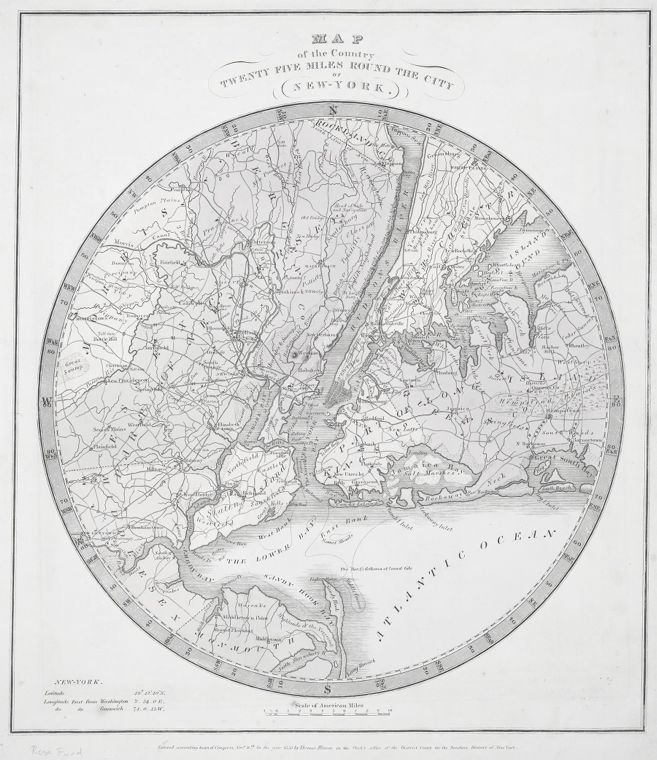 Antique circular map of the country within 25 miles of New York City, showing roads, waterways, towns, and surrounding coastal areas.
