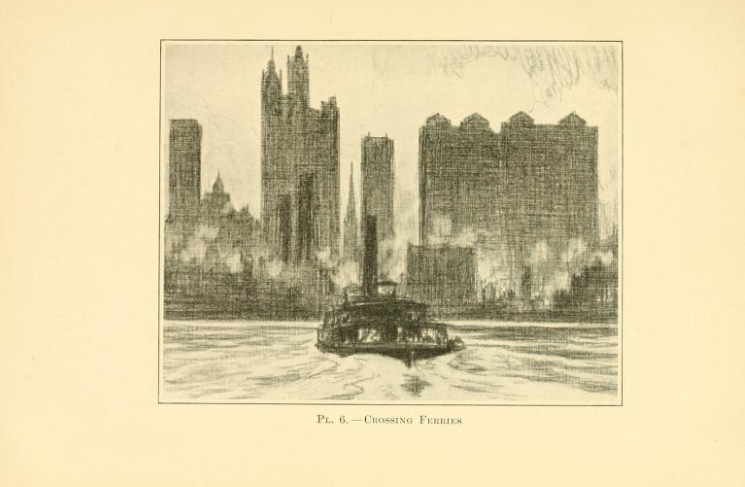 Sepia illustration of a ferry crossing a river toward a dense city skyline.
