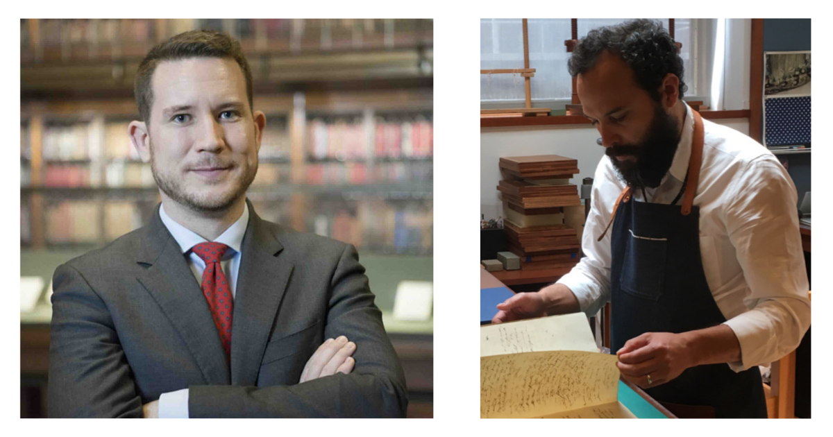 The left side features a professional photo of Joshua O'Driscoll, wearing a dark suite with a red necktie and standing in front of shelves of books. The right side features Frank Trujillo with a beard and dark hair, wearing a white shirt and a dark apron with leather straps, standing in a workshop.