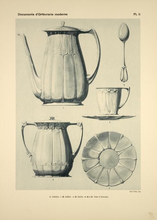 Vintage French illustration of a coffee pot, spoon, sugar bowl, cup, and saucer in a silverware design catalog.