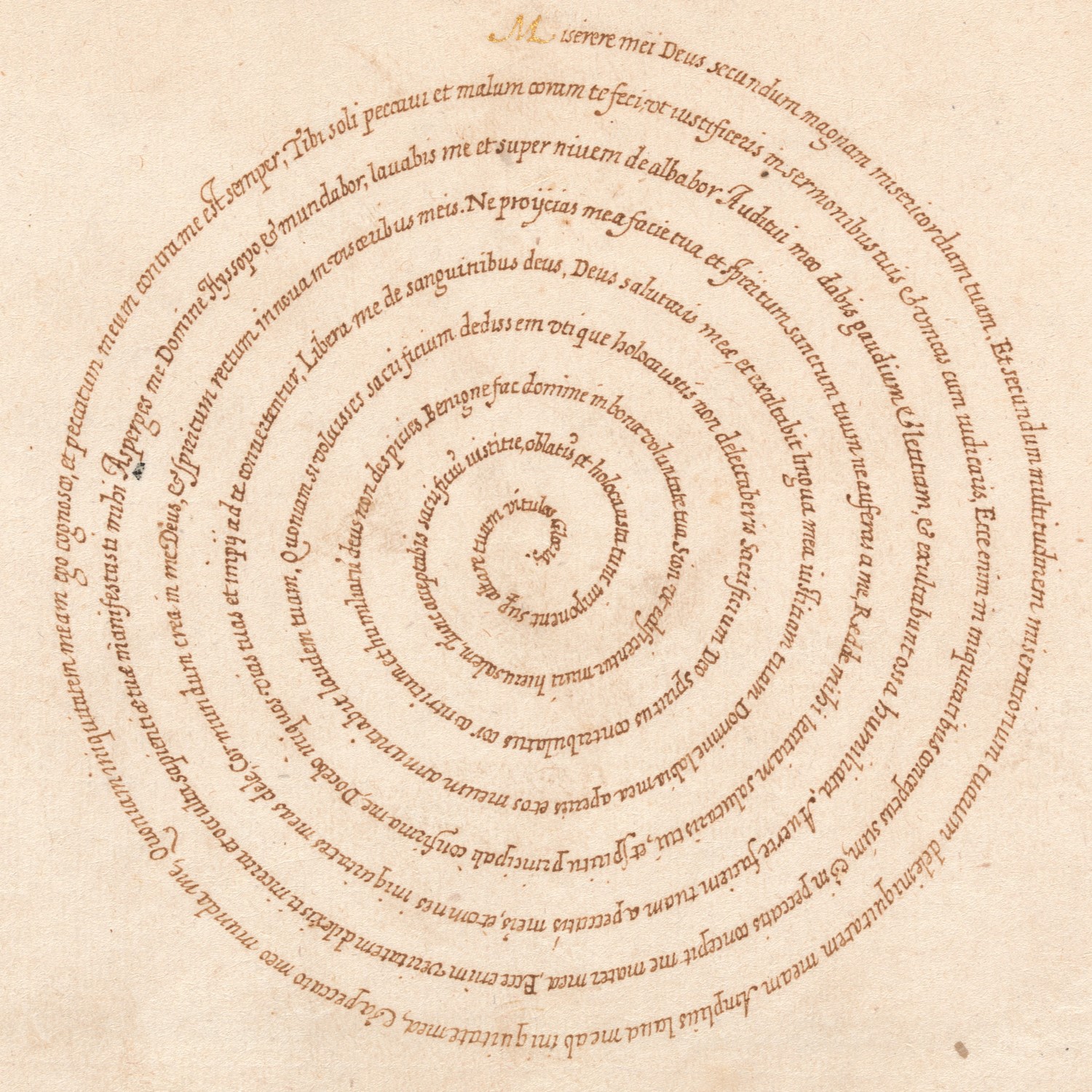 Micrographic design in the shape of a spiral. The text of the micrographic design is written in cursive Latin and starts with the words 'Miserere mei Deus (...)'. Part of an album of 26 examples of calligraphy and micrography, thought to have been produced in France or possibly Antwerp at the beginning of the seventeenth century.