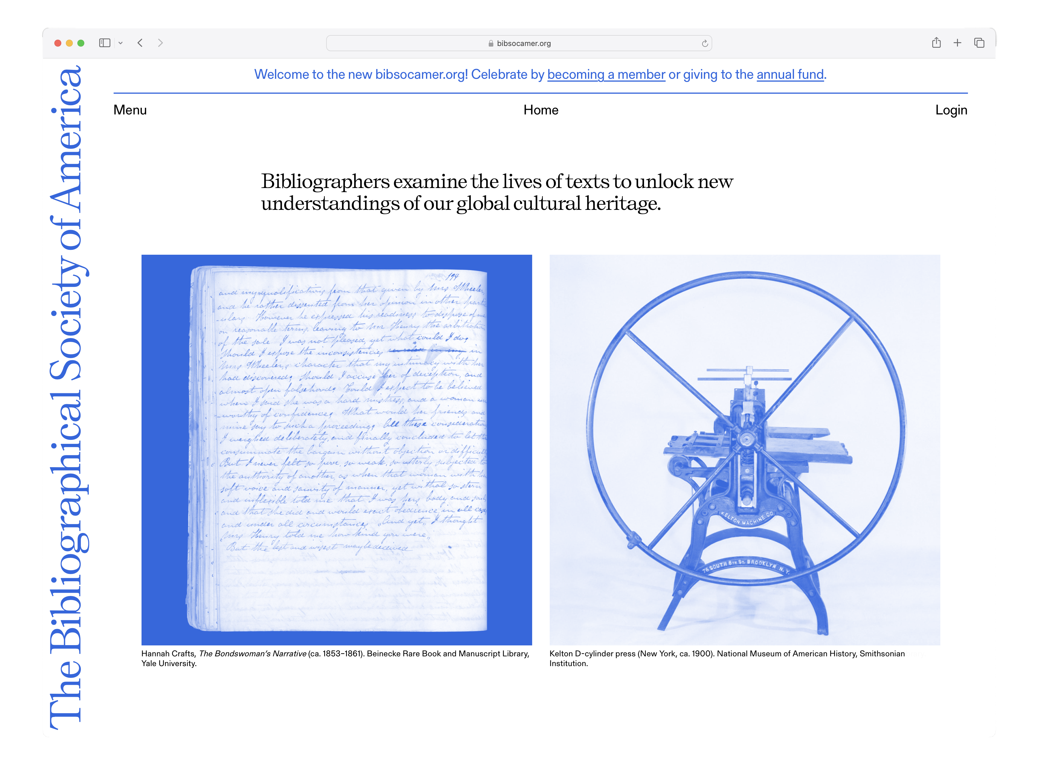 A screenshot of the new home page at bibsocamer.org.