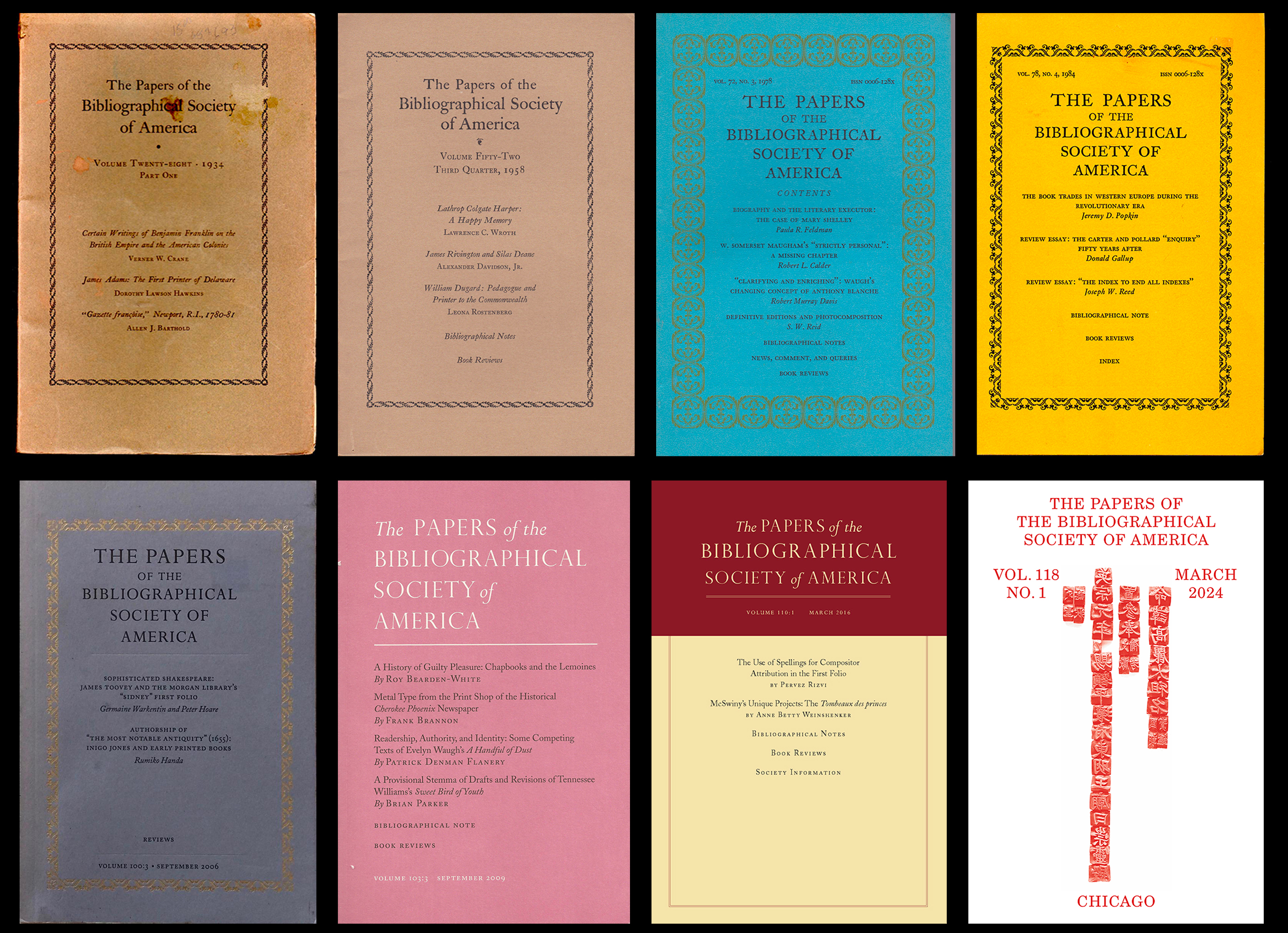 Covers of 8 issues of The Papers of the Bibliographical Society of America from 1937 to 2024.